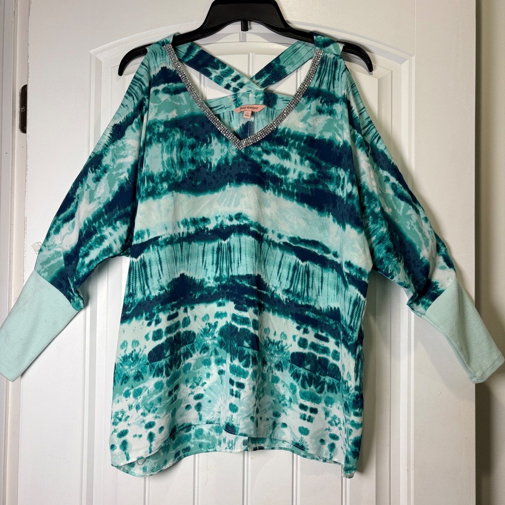 Juicy Couture Cold Shoulder Top Womens Sz M Teal Tie Dye Rhinestone Embellished